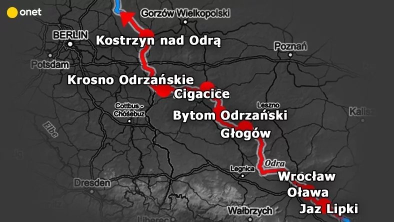 Mapa pokazująca miejscowości zagrożone zanieczyszczeniem na Odrze