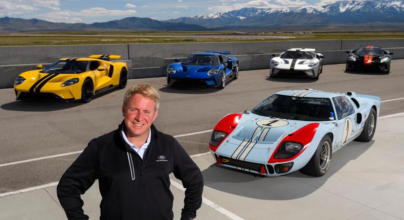 Henry Ford III, great-grandson of Henry Ford, with the new Ford GT and the Le Mans GT40 from 1966.