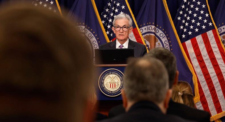 Federal Reserve Chair Jerome Powell talks at a news conference.Chip Somodevilla/Getty Images