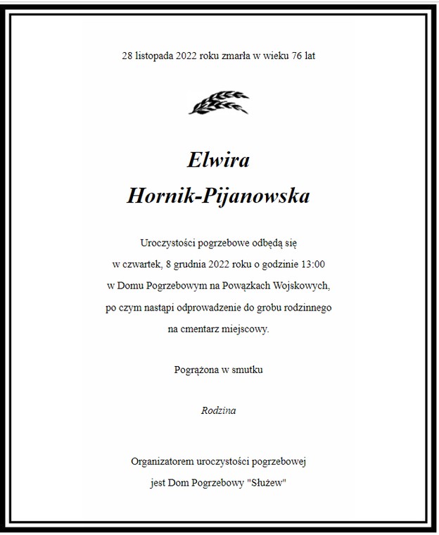 Nekrolog Elwiry Hornik-Pijanowskiej