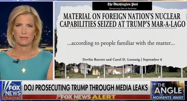 A screenshot from a Fox News alert showing Laura Ingraham and a clipping from The Washington Post, aired September 6 2022
