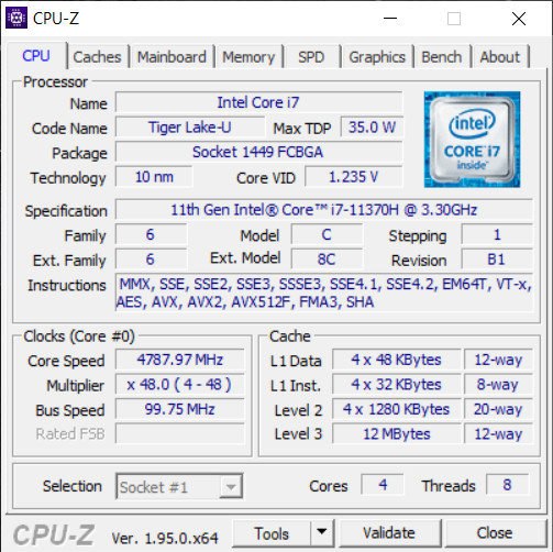 Asus TUF Dash F15 (FX516PR) – CPU-Z – specyfikacja Intel Core i7-11370H