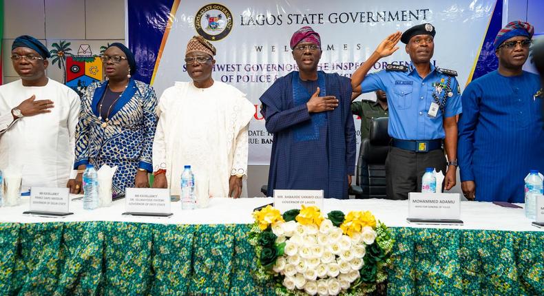 Governor Babajide Sanwo-Olu of Lagos State, Inspector General of Police, and representatives of other South-West governors at a meeting on Operation Amotekun in Lagos on Thursday, Feb 13, 2020.