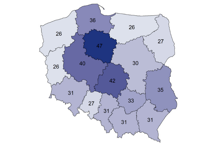 Liczba osób, które w 2018 roku zrealizowały co najmniej jedną receptę na refundowany lek przeciwdepresyjny w przeliczeniu na tysiąc mieszkańców / Źródło: raport NFZ