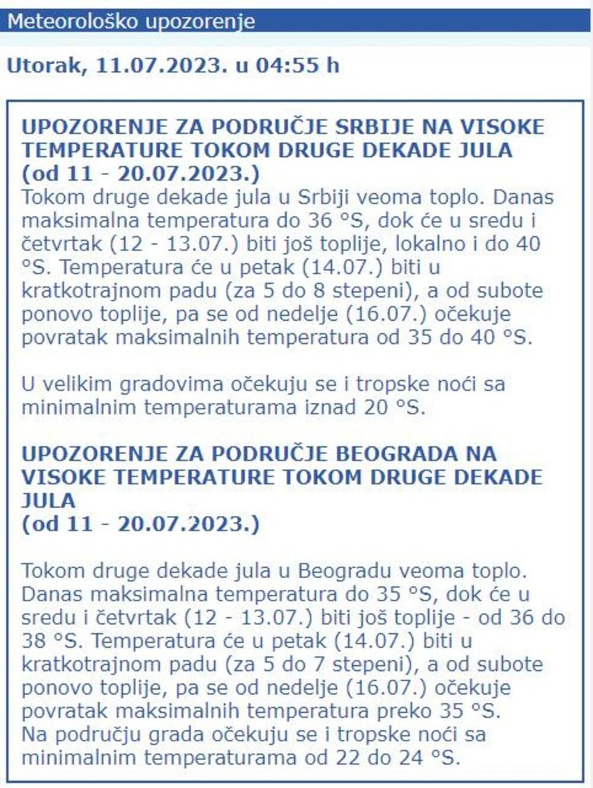 Upozorenje na visoke temperature