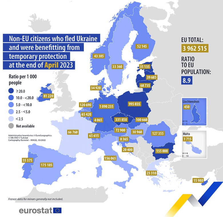 Obywatele spoza Unii Europejskiej, którzy uciekli z Ukrainy i korzystali z ochrony tymczasowej, dane z kwietnia 2023 r.