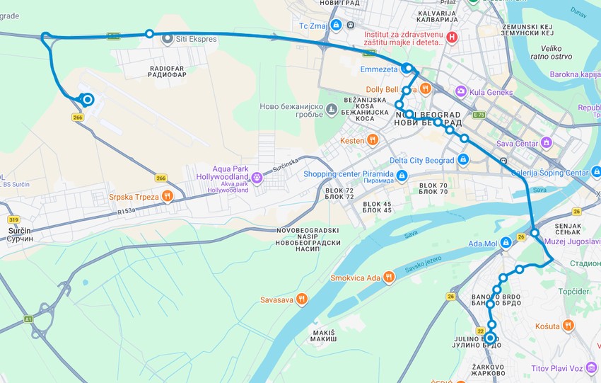 Trasa linije 607 u smeru ka aerodromu Nikola Tesla