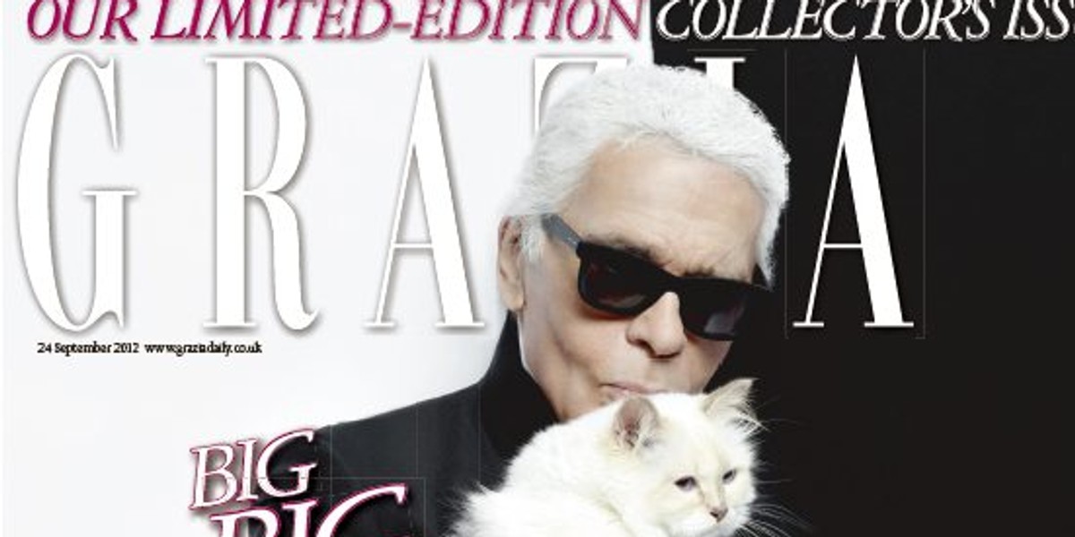 Karl Lagerfeld z kotem na okładce magazyny Grazia