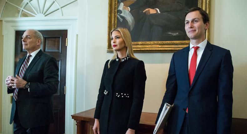 White House Senior Advisor Jared Kushner (R), First daughter Ivanka Trump (C) and White House Chief of Staff John Kelly (L) attend a meeting held by US President Donald J. Trump with members of his Cabinet