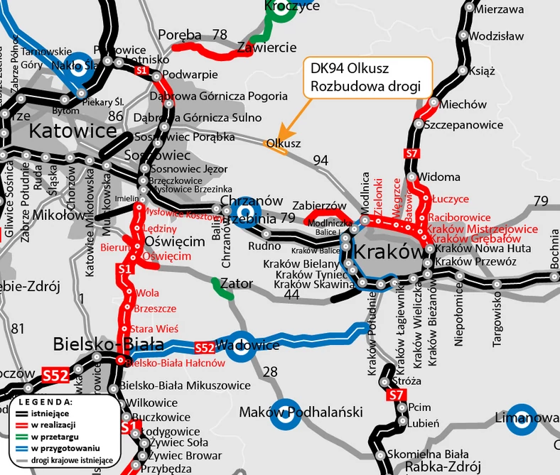 Mapa stanu budowy dróg na terenie części Małopolski i Śląska z wyróżnieniem rozbudowy DK94 w Olkuszu
