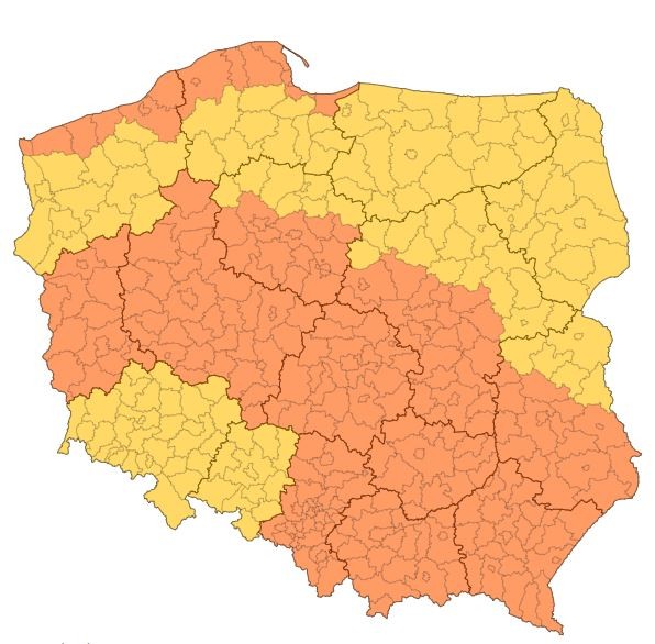 Ostrzeżenia IMGW 30 września. Kolor pomarańczowy - II stopień. Kolor żółty - I stopień