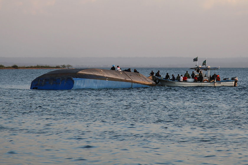 MV Nyerere that overturned is seen off the shores of Ukara Island in Lake Victoria