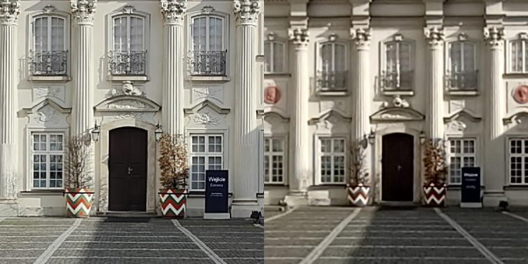 Wycinki w skali 1:1 z powyższych zdjęć wykonanych - po lewej Realme GT2 Pro, po prawej OnePus Nord2