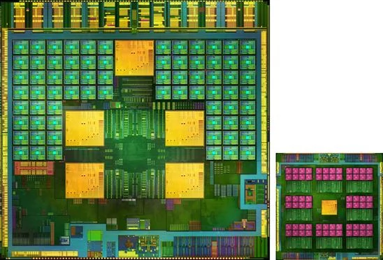 Tegra 4 i modem Icera i500 w pełnej okazałości. Warto zwrócić uwagę na to, jak małą powierzchnię całego czipu zajmują rdzenie procesora (pięć jasnych prostokątów blisko centrum)