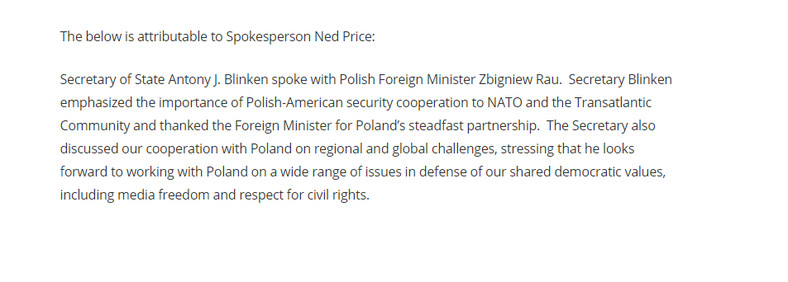 Oświadczenie Departamentu Stanu USA po rozmowie szefów polskiej i amerykańskiej dyplomacji