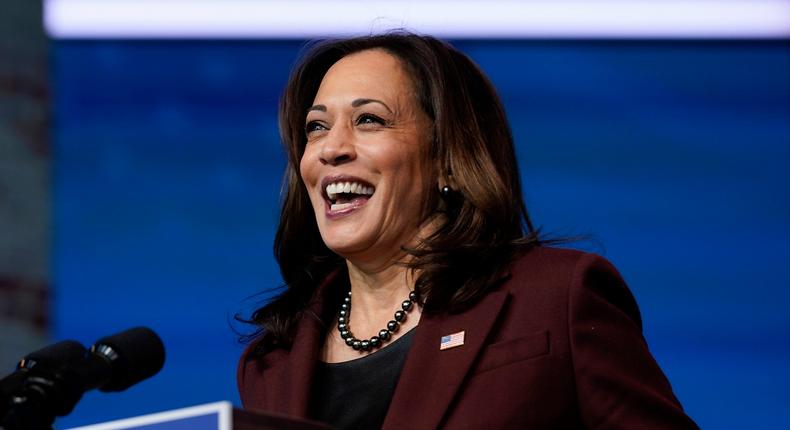 Vice President-elect Kamala Harris speaks as she and President-elect Joe Biden introduce their nominees and appointees to key national security and foreign policy posts at The Queen Theater in Wilmington, Delaware on November 24, 2020.