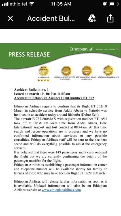 Several feared dead as Ethiopian Airlines plane heading to Nairobi from Addis Ababa crashes 