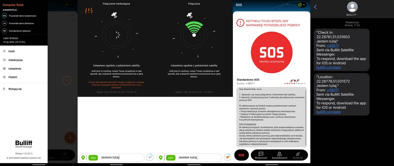 Prawidłowo działająca aplikacja komunikatora Bullitt na bieżąco informuje nas o stanie pakietu, skutecznie łączy się z siecią satelitarną, pozwala za jej pomocą wysłać wiadomość tekstową, udostępnić naszą lokalizację, a w razie potrzeby aktywować akcję ratunkową. Ostatni obraz po prawej ukazuje, jak wygląda SMS, który otrzyma od nas odbiorca