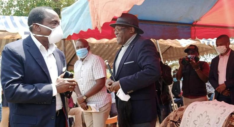 Former Vice President Kalonzo Musyoka with former Machakos Senator Johnson Muthama during the burial of Samuel Mutuku