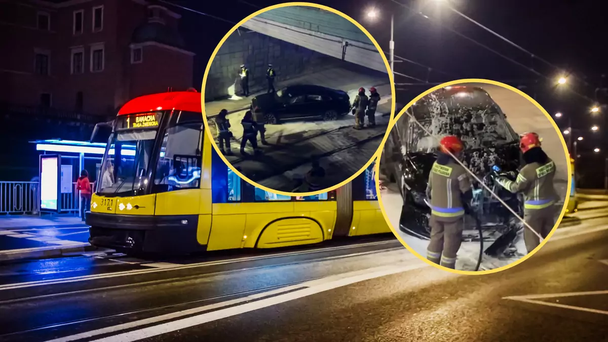 Volkswagen przebił barierki wiaduktu i spadł na tory tramwajowe (screen: reporterwawa/Facebook)