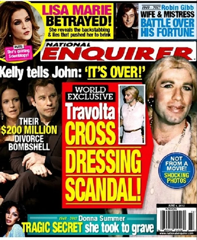 Naslovna strana “National Enquirer” : Džon Travolta u haljini, ful našminkan i sa perikom 