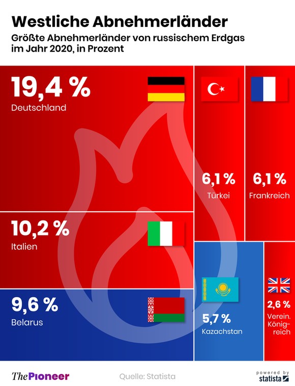 Najwięksi konsumenci rosyjskiego gazu ziemnego w 2020 r. w proc.