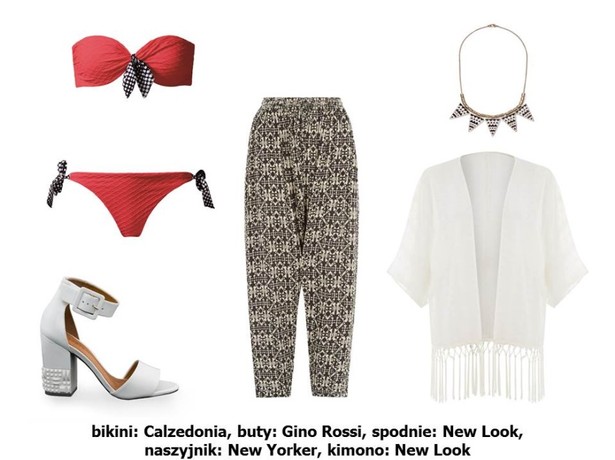 Bikini Calzedonia: góra - 130 pln, dół - 70 pln buty Gino Rossi: 549,9 pln spodnie New Look: 119,9 pln naszyjnik New Yorker: 34,95 pln kimono New Look: 149,9 pln