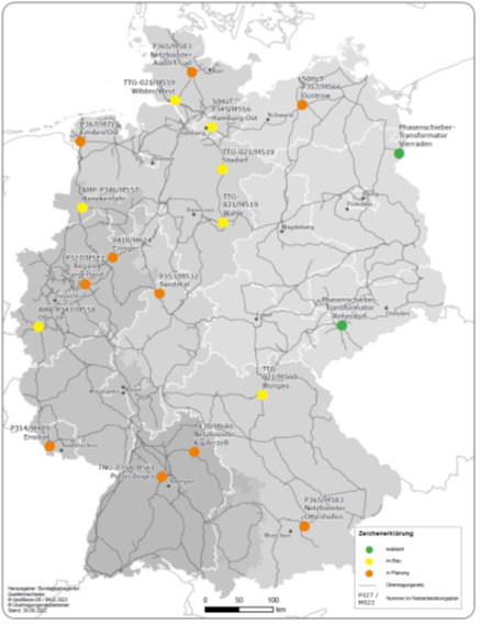 Lokalizacja planowanych oraz istniejących przesuwników fazowych. Źródło: Monitoring des Stromnetzausbaus, Drittes Quartal 2022 https://www.netzausbau.de/Vorhaben/uebersicht/report/de.html