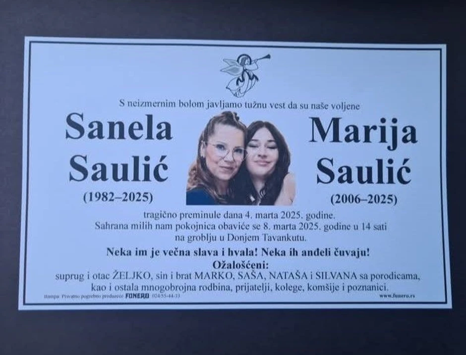 Sanela i Marija Saulić, posmrtnica