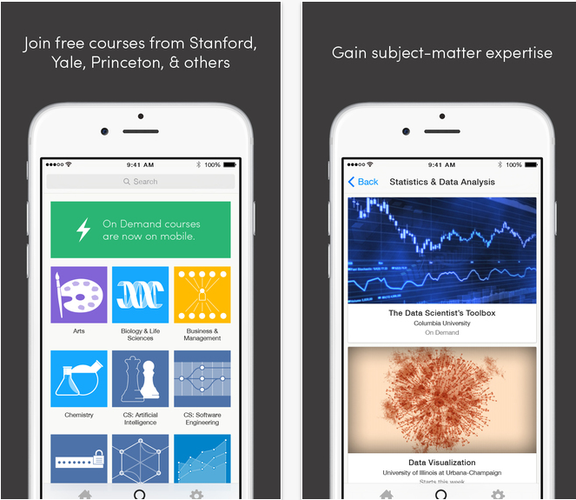 Coursera to rozbudowana platforma e-learningowa, która umożliwia zdobywanie wiedzy z różnych dziedzin nauki, takich jak fizyka, chemia, czy też ekonomia. Aplikacja oferuje kilkaset darmowych kursów edukacyjnych stworzonych przez takie ośrodki, jak uniwersytety Stanford i Yale. Kursy dostępne są w kilkunastu językach. Niestety wśród nich wciąż brakuje polskiego.