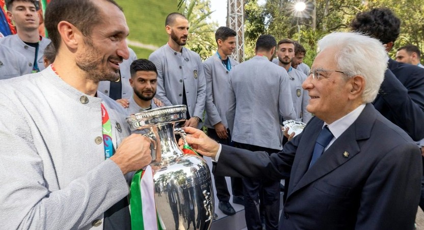Italy's President Sergio Mattarella (R) congratulating captain Giorgio Chiellini on their Euro 2020 victory Creator: Handout