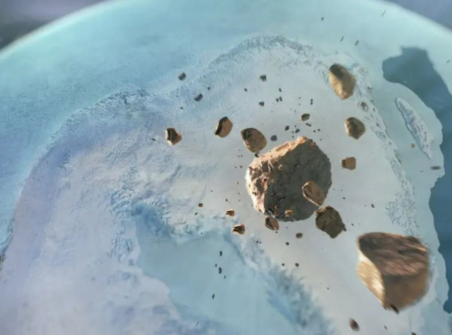  Ilustracja przedstawiająca asteroidy zmierzające ku północnej Grenlandii