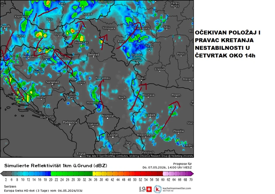 Pravac kretanja nestabilnosti u četvrtak oko 14 sati