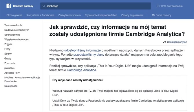 Facebook pozwala sprawdzić, czy dane z konta ma Cabridge Analytica