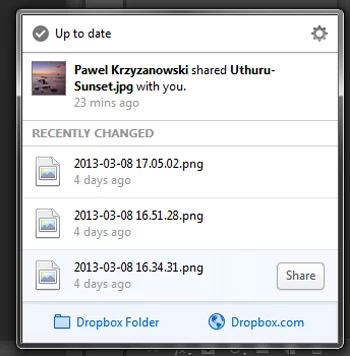 Po kliknięciu w ikonę Dropboxa w zasobniku systemowym mamy teraz dostęp do wygodnego rozwijanego menu, a nie tylko funkcji programu