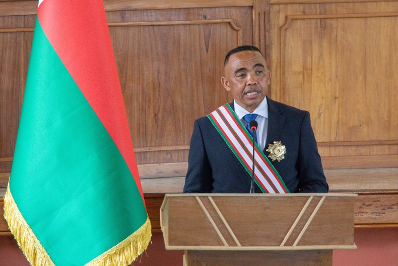 Newly sworn in President of Madagascar Michael Randrianirina speaks during his swearing in ceremony in Antananarivo on October 17, 2025. [Photo by MAMYRAEL/AFP via Getty Images]