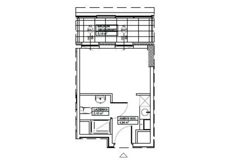 Plan niespełna 18-metrowego miniapartamentu w Bliska Wola Tower