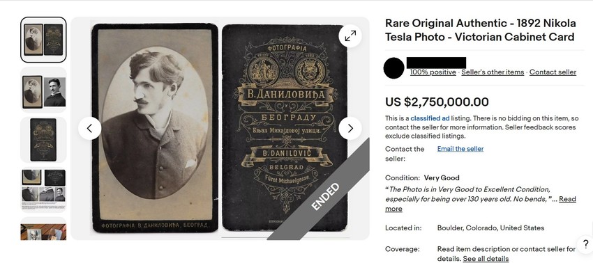 Oglas za prodaju navodne fotografije Nikole Tesle na internetu