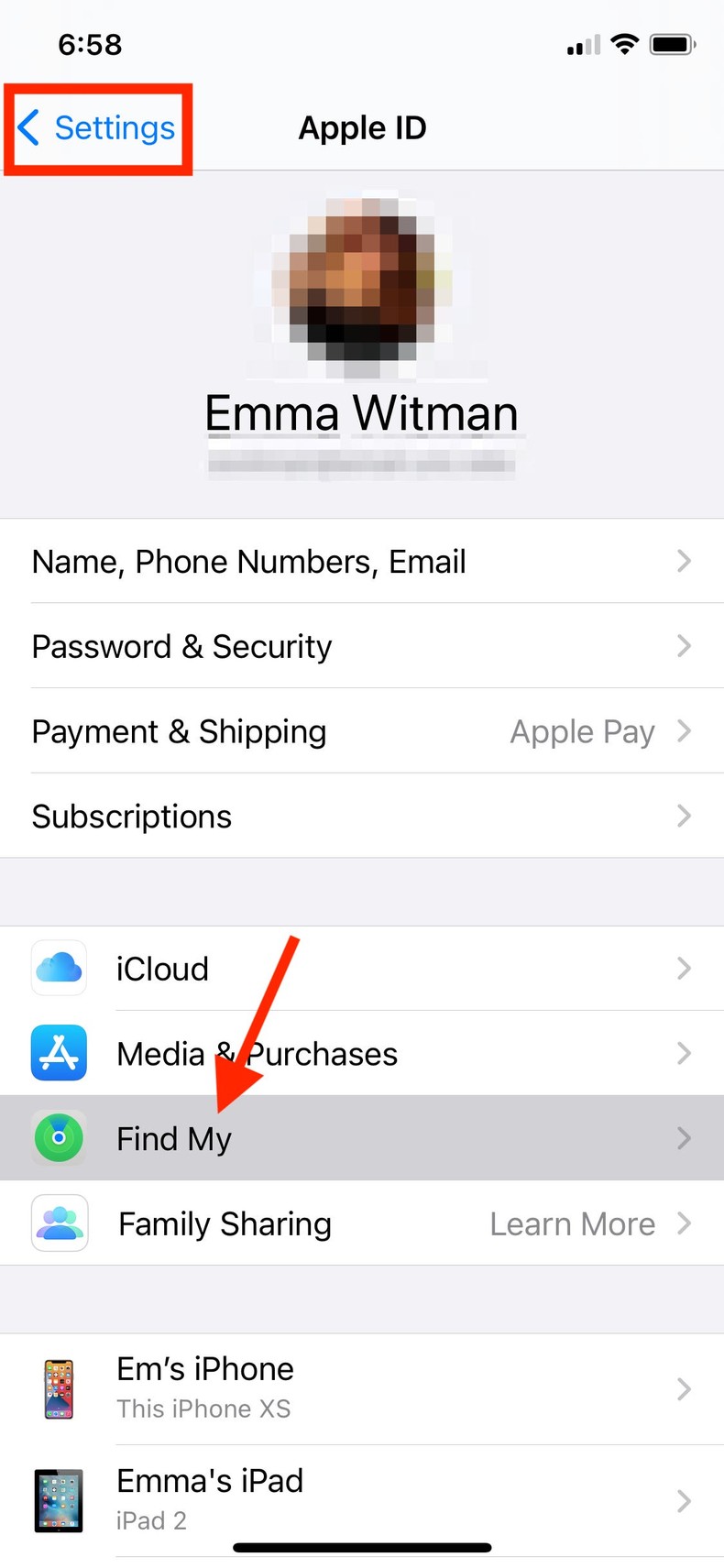 Your Apple ID preferences, including enabling the Find My app, can be modified from your iPhone's Settings.