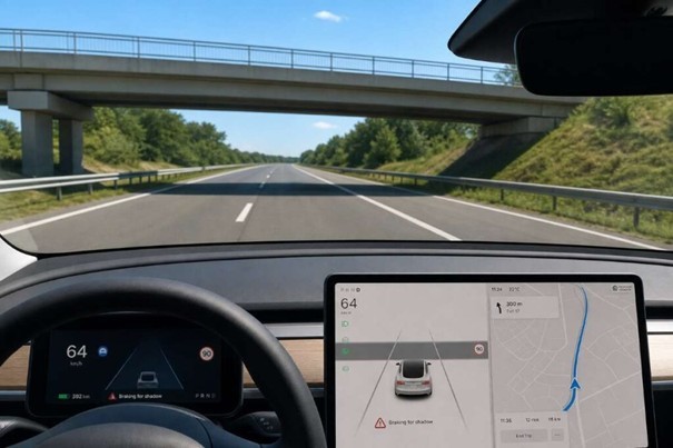 Auto brzdí na prázdnej ceste pred tieňom nadjazdu – klasický príklad phantom brakingu, ktorý môže spôsobiť nehodu zozadu. 