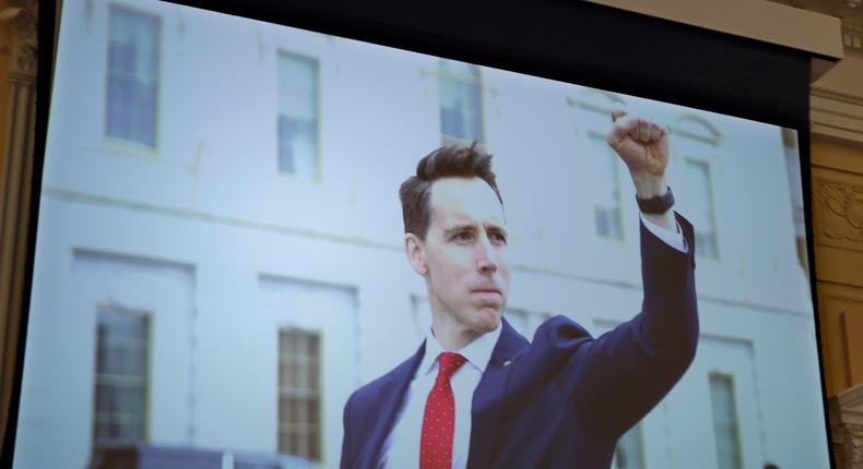An image of Sen. Josh Hawley, a Missouri Republican, is shown during the January 6 committee hearing.