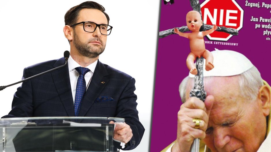 Prezes PKN Orlen Daniel Obajtek i okładka najnowszego numeru tygodnika "NIE"