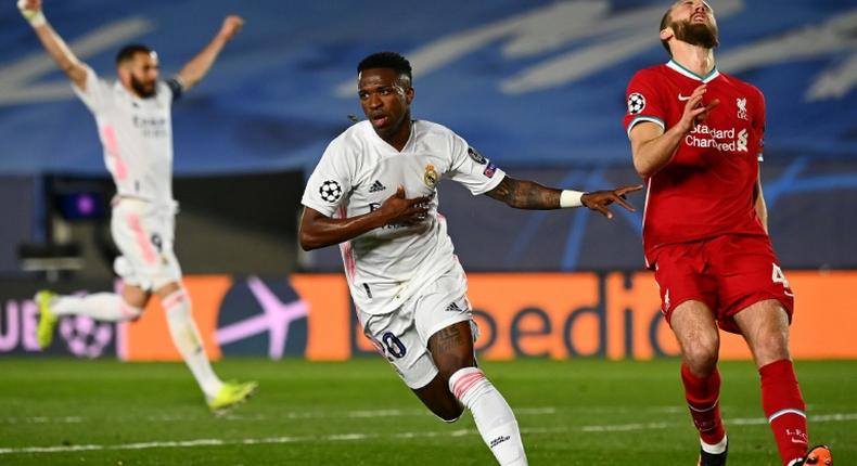 Vinicius Junior (C) put Real Madrid in a commanding position against Liverpool in their quarter-final tie