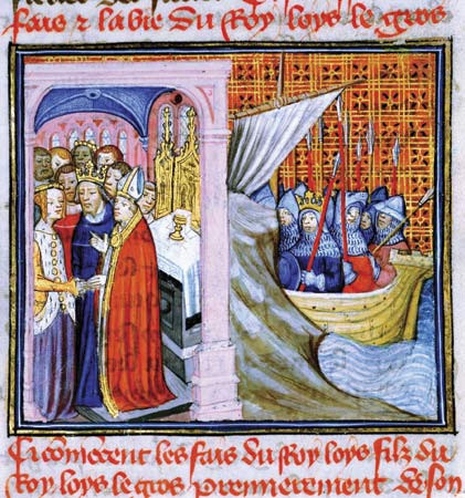 Ślub Eleonory z Ludwikiem VII i wyprawa krzyżowa - iluminacja z rękopisu Kronik z Saint-Denise