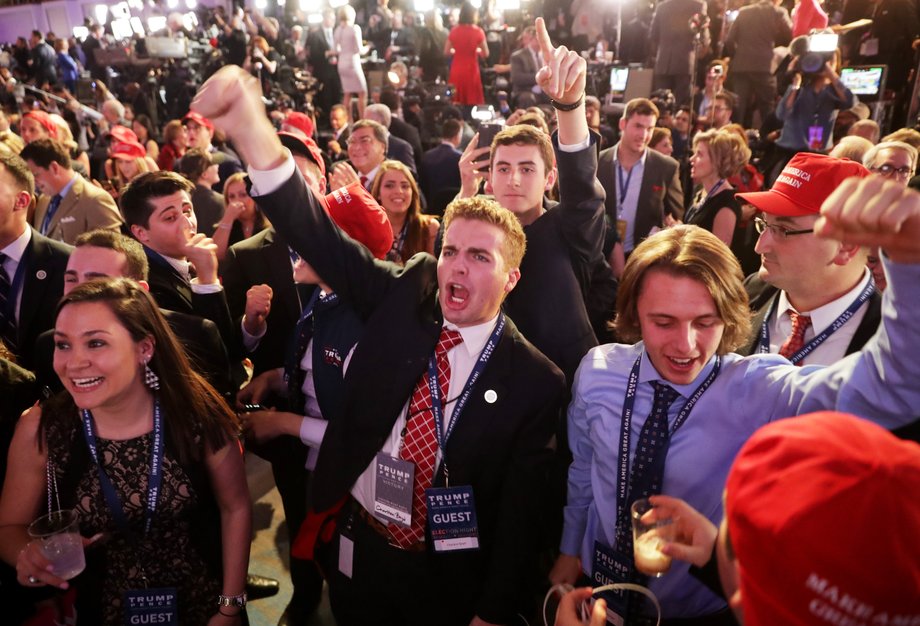 People seen as voting results for Florida came in at Trump's event at the New York Hilton Midtown on Tuesday night.