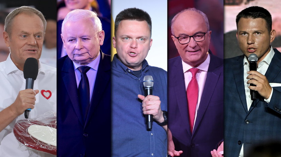 Na zdjęciu: Donald Tusk, Jarosław Kaczyński, Szymon Hołownia, Włodzimierz Czarzasty i Sławomir Mentzen