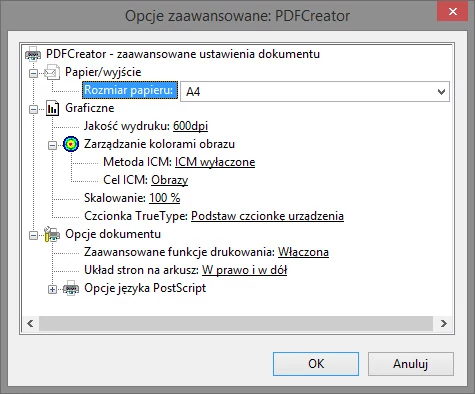 Przed wygenerowanie pliku możemy zmienić ustawienia dokumentu PDF