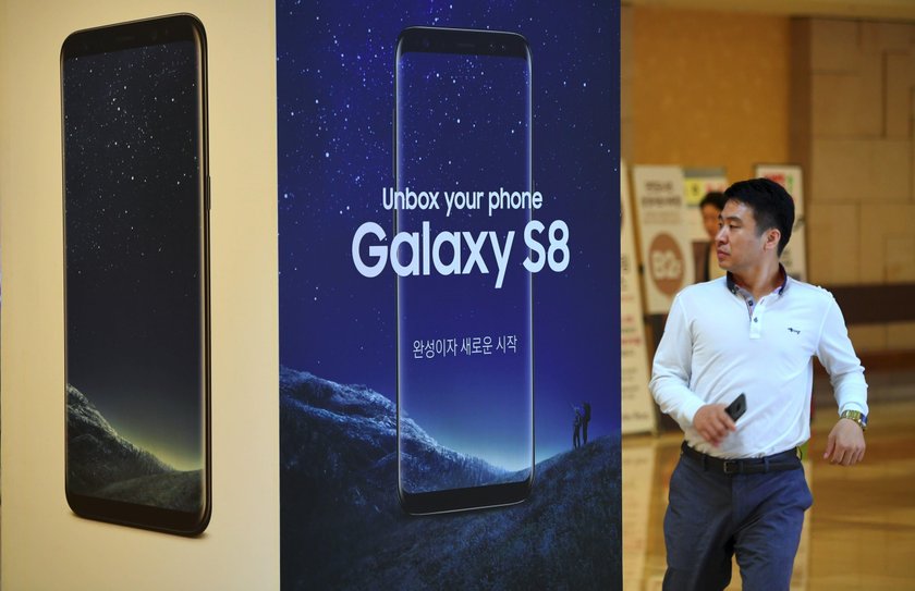 A Samsung Electronics's Galaxy S8 is displayed at its office building in Seoul