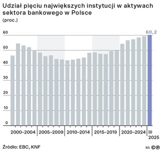 Udział pięciu największych instytucji w aktywach sektora bankowego w Polsce