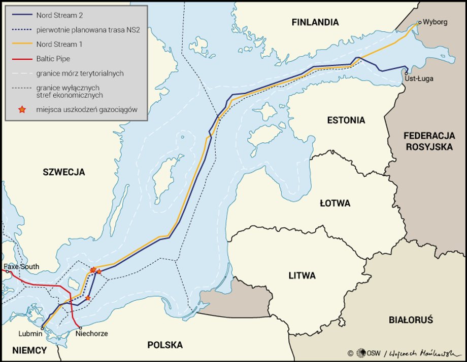 Miejsca uszkodzeń gazociągów Nord Stream 1 i Nord Stream 2.